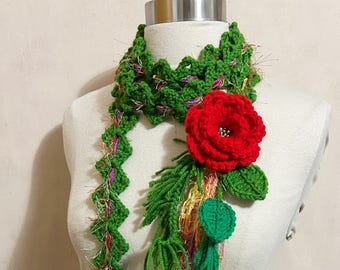 SALE/Lovely Crochet Forest Green Red Flower Scarf with Fringe, Crochet Skinny Scarf with Eyelash Yarn, Removable Flower Pin,reg 42.00 Sornja