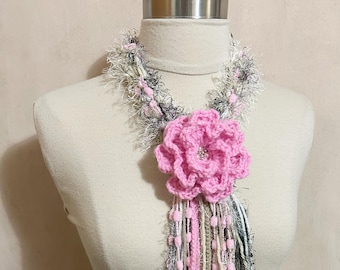 SALE/Crochet Scarf, Crochet Blended Cream Pink Braided Scarf w Fringe, Crochet Scarf w Leave and Flower, Removable Flower Clip, Sornja