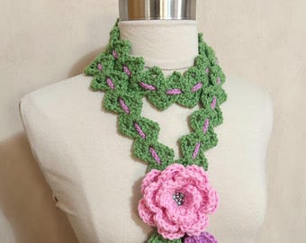 Unique Handmade Crochet Scarf, Crochet Light Green Orchid Medium Rose Scarf w Fringe Leaves and Flower Pin, Original, Sornja