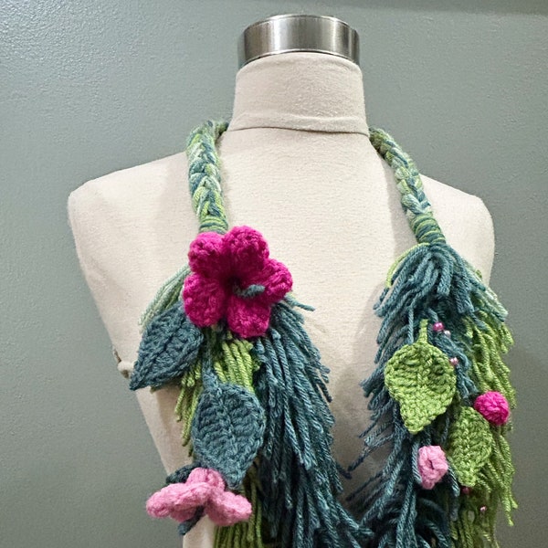 SALE/Lovely Crochet Braided 5 Different Shades of Green Fringe Scarf, Unique Crochet Boho w Flower and Beads Scarf, Original, Sornja