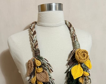 SALE/Unique Crochet Braided Autumn Grass w Flower Scarf,Crochet Boho w Flower and Wooden Beads Fringe Scarf,Crochet Braided Fringe Scarf