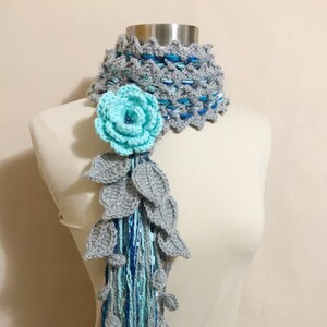 SALE/Unique Crochet Scarf, Handmade Scarf, Crochet Light Grey Aqua Blue Scarf w Multicolored Yarn, Crochet Scarf with Flower Clip and Leaves
