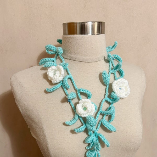 SALE-Crochet Lariat, Lovely Crochet Lariat/Necklace, Unique Crochet Aqua White Flowers w Pearl Beads Lariat, Crochet Neck Wrap, Sornja