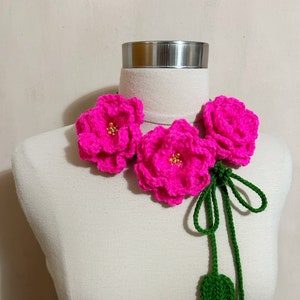 SALE/Unique Crochet Rose Choker/Necklace, Crochet Necklace, Crochet Forest Green Hot Pink Flower w Beads Necklace, Crochet Headband, Sornja