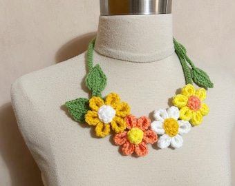 SALE/Mother’s Day Gift, Lovely Crochet Flower Necklace, Crochet White Coral Yellow Flower Green Leave Necklace, Crochet Flower, Sornja