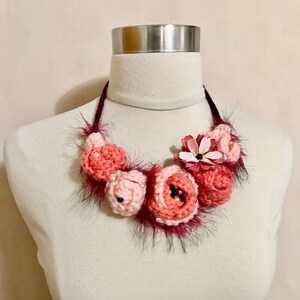 Mother’s Day Gift ideas, Crochet Flower Necklace, Crochet Multicolored Silk Flower Necklace, Crochet Flower Necklace w Pearl Beads, Sornja
