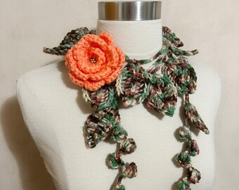 SALE/Crochet Lariat, Lovely Crochet Lariat/Necklace, Crochet Woodland Camo Coral Flowers with Beads Lariat, Crochet Neck Wrap, Sornja