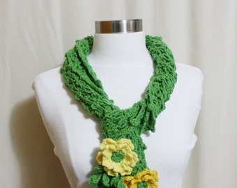 SALE/Crochet Scarf, Crochet Grass Green Yellow Mustard Flower Scarf with Leaves, Crochet Net-like Scarf, Gift for her, Sornja