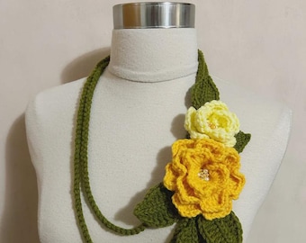 SALE/Unique Crochet Large Strand Olive Green Yellow Gold Necklace, Crochet Casual Wear Necklace, Crochet Lariat/Necklace, Sornja