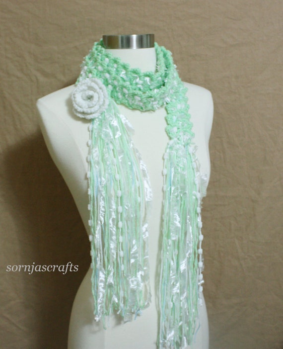 SALE/Crochet Scarf, Handmade Scarf, Unique Crochet Light Green White Flower Scarf, Scarf with Eyelash Fringe, Pom Pom, Removable pin
