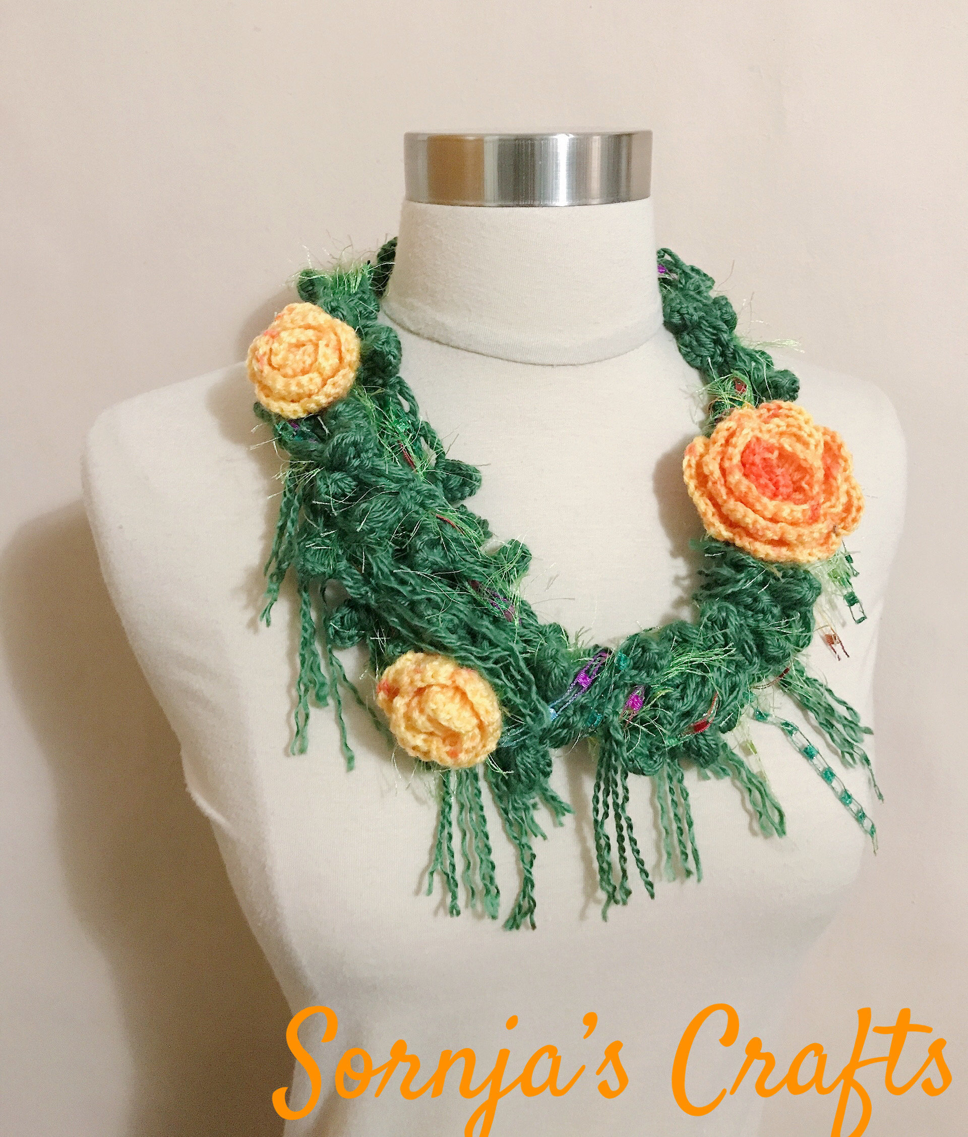 Crochet Scarf  Lariat Pink Yellow Blue Flower Necklace With Green Ivy Floral Accessory Freeform OOAK Spring Fashion Extra Long Skinny S