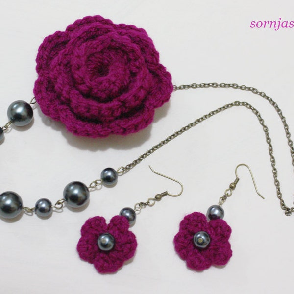 HOT BUY! Set-Crochet  Boysenberry Flower Glass Pearls Necklace/Earrings, Crochet Flower Necklace w Rustic Gold Chain and Glass Pearls