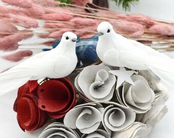 Pack Of 6 Artificial Doves | White Flocked Body With Natural Feather Wings & Tail | Wedding Or Prop Decor
