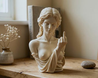 Goddess Bust Middle Finger Figurine, Resin Sculpture Art, Humorous Desk & Shelf Decor