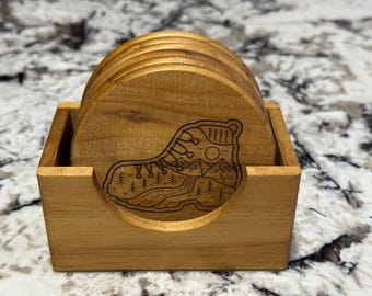 Adventure 6pc Drink Coaster Set With Holder . Hiking - Camping - Wildlife - Laser Engraved