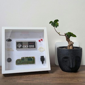 May include: A white shadow box frame displaying a disassembled Nintendo NES controller with its internal components, including the circuit board, buttons, and casing, mounted on a white background with labels, next to a small plant in a black pot.
