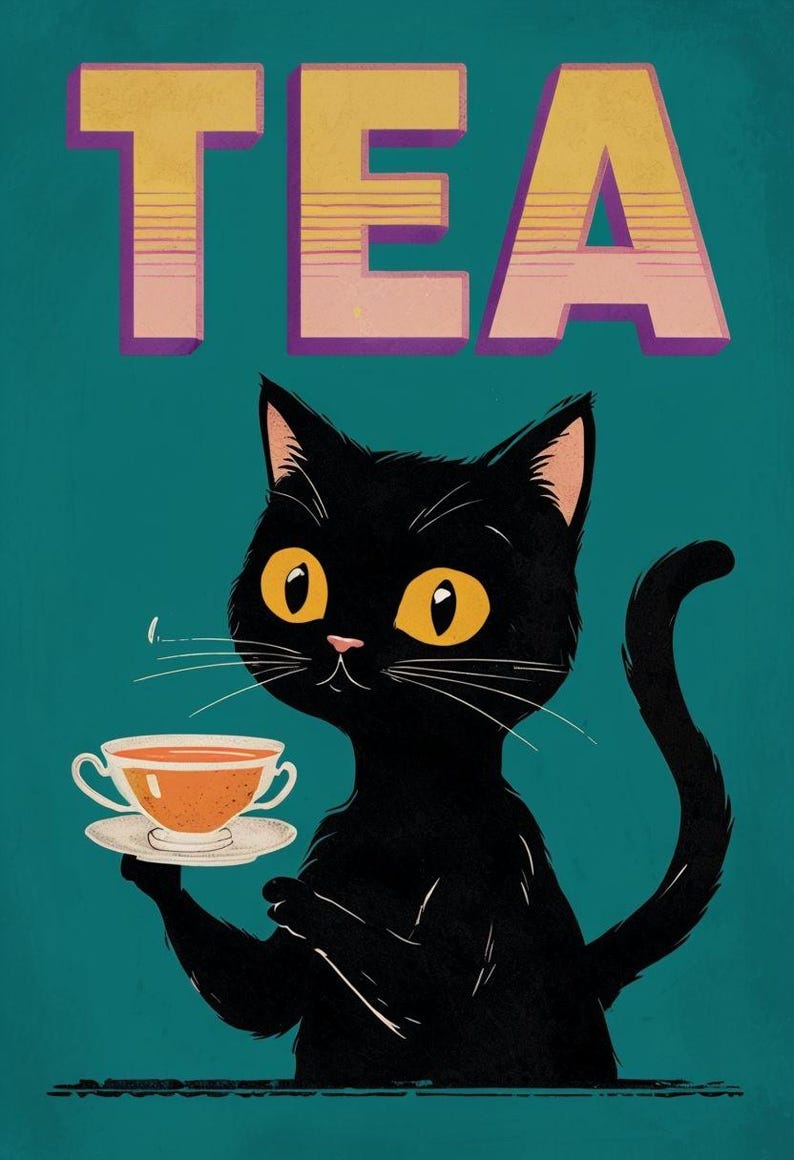 Black Cartoon Cat Drinking Tea Poster. Animated Style Cheap and Easy ...