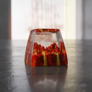 Artisan Volcano Keycap For Mechanical Keyboard | Custom Resin Landscape Gaming Keycap | Handmade Red Yellow Cloud Desk Accessory