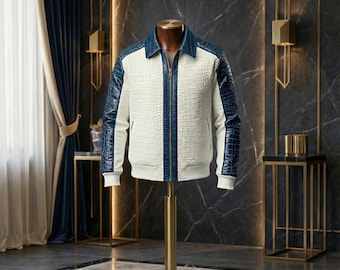Handgefertigte Western Herren Blau & Weiß Zweifarbige Krokodil Präge Bomber Rindsleder Biker Lederjacke