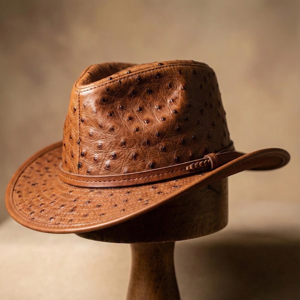 Chapeau en cuir gaufré d'autruche véritable fait main, cow-boy occidental, maroquinerie