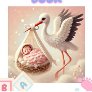 Könnte beinhalten: Eine digitale Illustration eines Storchs, der ein Baby in einem Nest trägt. Das Baby ist in eine rosa Decke gewickelt und trägt einen rosa Hut. Der Storch hat weiße Federn mit schwarzen Flügelspitzen und lange rosa Beine. Der Hintergrund ist ein zartes Rosa mit schwebenden Glitzer.