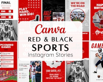 Red Black White Sports Team Instagram Story Canva Templates | 55 Vertical Stories | Instant Download Editable Game Day Social Media Graphics
