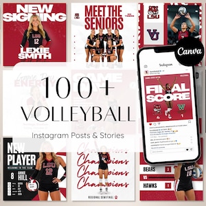 May include: A digital collection of 100+ volleyball Instagram posts and stories templates featuring maroon and white color schemes, athletic imagery of players in jerseys, game day graphics, and text overlays like New Signing and Final Score.