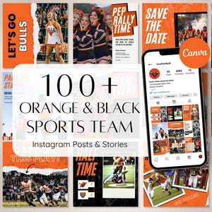 May include: A collection of orange and black sports team Instagram posts and stories. The image includes a smartphone displaying a social media profile, along with various sports-themed graphics and photos. Text includes "Bulls" and "Let's Go Bulls".