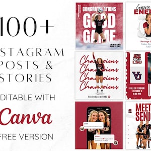 Puede incluir: Una colecci&oacute;n digital de m&aacute;s de 100 plantillas editables para publicaciones e historias de Instagram en Canva. El gr&aacute;fico muestra el texto 100+ Instagram Posts & Stories Editable with Canva Free Version junto a seis dise&ntilde;os de voleibol.