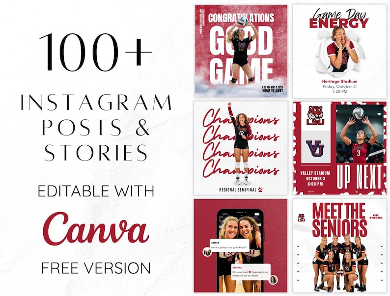 Puede incluir: Una colecci&oacute;n digital de m&aacute;s de 100 plantillas editables para publicaciones e historias de Instagram en Canva. El gr&aacute;fico muestra el texto 100+ Instagram Posts & Stories Editable with Canva Free Version junto a seis dise&ntilde;os de voleibol.