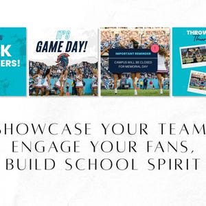 May include: A promotional image with four turquoise squares. The first says "THANK YOU 100K FOLLOWERS!" with a team logo. The second says "IT'S GAME DAY!" with cheerleaders. The third says "IMPORTANT REMINDER CAMPUS WILL BE CLOSED FOR MEMORIAL DAY." The fourth says "THROWBACK Thursday."