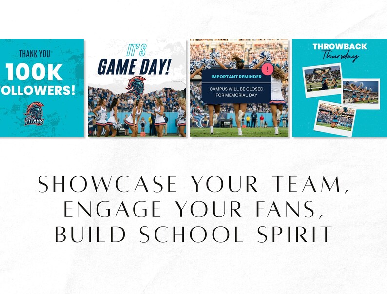May include: A promotional image with four turquoise squares. The first says "THANK YOU 100K FOLLOWERS!" with a team logo. The second says "IT'S GAME DAY!" with cheerleaders. The third says "IMPORTANT REMINDER CAMPUS WILL BE CLOSED FOR MEMORIAL DAY." The fourth says "THROWBACK Thursday."