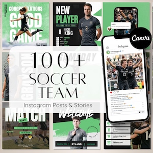 Puede incluir: Una colección digital de más de 100 plantillas de publicaciones e historias de Instagram para equipos de fútbol con esquemas de color verde y negro, tipografía atlética, retratos de jugadores y maquetas de interfaces de redes sociales.