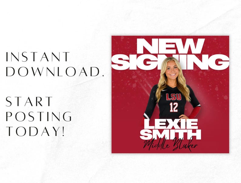 Puede incluir: Un gr&aacute;fico digital con una atleta rubia con una camiseta de LSU negra y roja con el n&uacute;mero 12. El texto dice NEW SIGNING, LEXIE SMITH y Middle Blocker. El fondo es rojo oscuro con texto blanco a la izquierda: INSTANT DOWNLOAD. START POSTING TODAY!