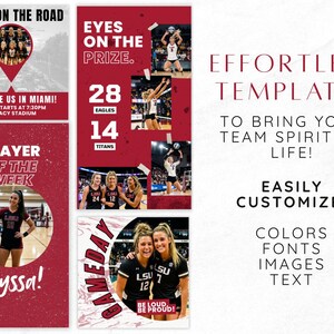 Puede incluir: Una colecci&oacute;n de plantillas digitales para redes sociales deportivas con esquemas de color granate y blanco. Los gr&aacute;ficos incluyen texto como WE'RE ON THE ROAD, EYES ON THE PRIZE, PLAYER OF THE WEEK, GAMEDAY y EFFORTLESS TEMPLATES TO BRING YOUR TEAM SPIRIT TO LIFE.