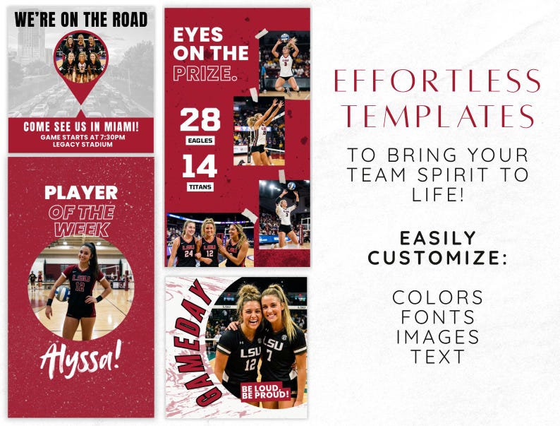 Puede incluir: Una colecci&oacute;n de plantillas digitales para redes sociales deportivas con esquemas de color granate y blanco. Los gr&aacute;ficos incluyen texto como WE'RE ON THE ROAD, EYES ON THE PRIZE, PLAYER OF THE WEEK, GAMEDAY y EFFORTLESS TEMPLATES TO BRING YOUR TEAM SPIRIT TO LIFE.