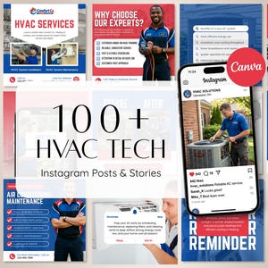 Pode incluir: Uma coleção de posts e histórias do Instagram que promovem serviços de HVAC. Os posts apresentam imagens de técnicos, unidades de ar condicionado e lembretes de serviço. O texto inclui "HVAC Services", "Air Conditioning Maintenance" e "100+ HVAC Tech."