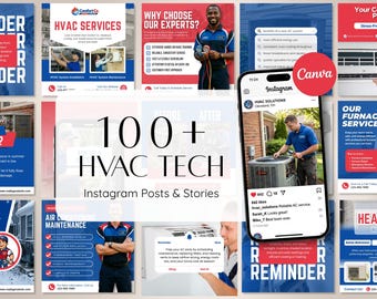 100+ HVAC Company Instagram Templates | Heating & Cooling Technician Social Media Posts and Stories, Editable in Canva, Instant Download