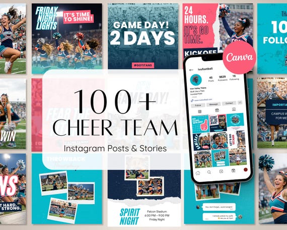 100+ Cheerleading Canva Templates for Instagram | Editable Game Day Posts & Stories | School Spirit Cheer Squad Social Media Graphics Bundle
