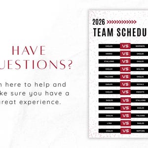 Puede incluir: Un gr&aacute;fico vertical de calendario de equipos 2026 con un fondo blanco moteado. El texto dice 2026 TEAM SCHEDULE seguido de una lista de enfrentamientos con equipos como Eagles, Mariners, Hawks, Stallions, Wolves, Falcons, Royals, Knights y Raptors.