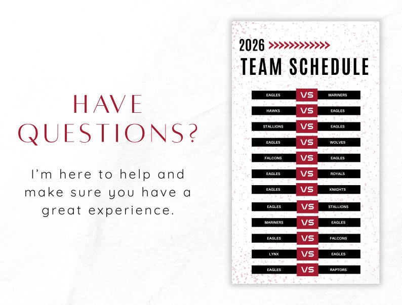 Puede incluir: Un gr&aacute;fico vertical de calendario de equipos 2026 con un fondo blanco moteado. El texto dice 2026 TEAM SCHEDULE seguido de una lista de enfrentamientos con equipos como Eagles, Mariners, Hawks, Stallions, Wolves, Falcons, Royals, Knights y Raptors.