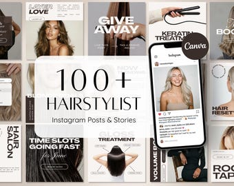 100+ Hair Stylist Instagram Templates | Hairdresser Beauty Salon Social Media Posts & Stories | Editable in Canva, Instant Digital Download