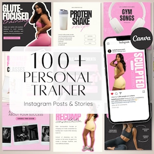 May include: A digital collection of 100+ personal trainer Instagram posts and stories templates featuring various fitness-themed layouts, pink and black color schemes, motivational text, and a smartphone displaying a social media profile.