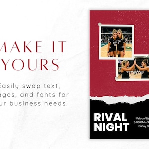 Puede incluir: Una plantilla digital con el texto MAKE IT YOURS y Easily swap text, images, and fonts for your business needs. El dise&ntilde;o incluye un fondo granate y negro con dos fotos estilo polaroid de jugadoras de voleibol y el texto RIVAL NIGHT.
