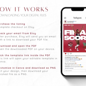 Puede incluir: Una gu&iacute;a de instrucciones digital titulada HOW IT WORKS DOWNLOADING YOUR DIGITAL FILES con cinco pasos numerados para comprar, recibir por correo, descargar, enlazar y personalizar una plantilla, junto a un smartphone con una publicaci&oacute;n de Instagram.