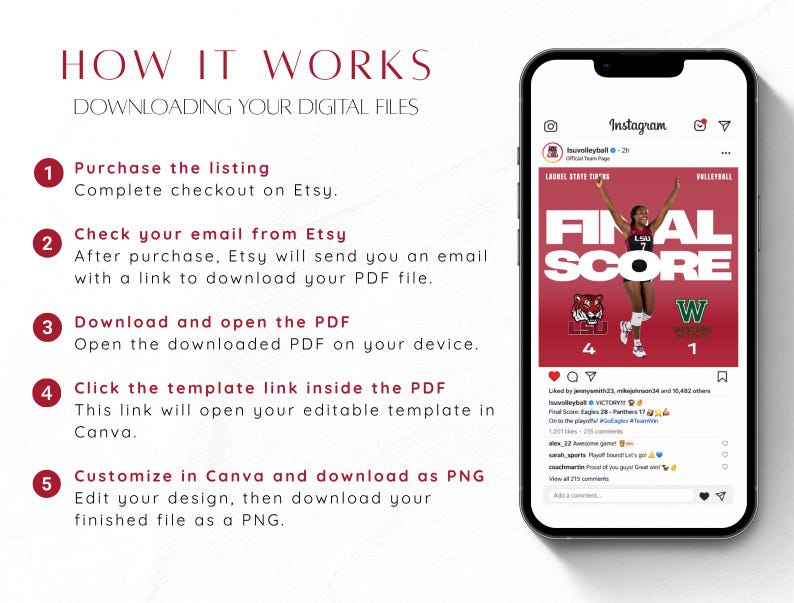 Puede incluir: Una gu&iacute;a de instrucciones digital titulada HOW IT WORKS DOWNLOADING YOUR DIGITAL FILES con cinco pasos numerados para comprar, recibir por correo, descargar, enlazar y personalizar una plantilla, junto a un smartphone con una publicaci&oacute;n de Instagram.