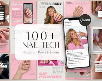 100+ Nail Tech Instagram Templates | Luxury Nail Salon Business Social Media Posts & Stories, Pink, Editable in Canva, Instant Download