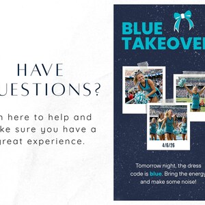May include: A navy blue graphic with the words "BLUE TAKEOVER" and three photos of cheerleaders in blue uniforms. The text "4/6/26" is below the photos. Additional text reads "Tomorrow night, the dress code is blue. Bring the energy and make some noise!"