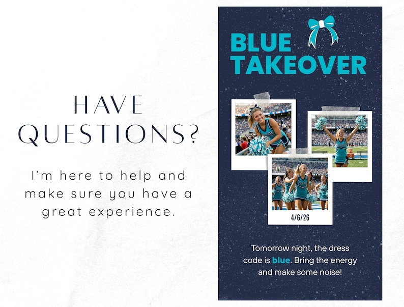 May include: A navy blue graphic with the words "BLUE TAKEOVER" and three photos of cheerleaders in blue uniforms. The text "4/6/26" is below the photos. Additional text reads "Tomorrow night, the dress code is blue. Bring the energy and make some noise!"