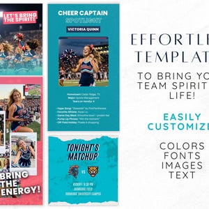 May include: A promotional image featuring cheerleading templates. The design includes photos of cheerleaders, text that reads "Friday Night Lights," "Cheer Captain Spotlight," and "Tonight's Matchup." The text also says "Effortless Templates to Bring Your Team Spirit to Life!"